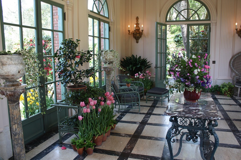 Un jardin d'hiver agréable varie plantes vertes et fleurs.