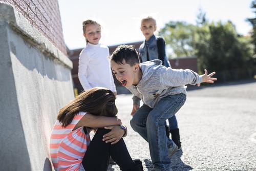 Un garçon crie sur une petite fille recroquevillée dans la cour de récréation. 